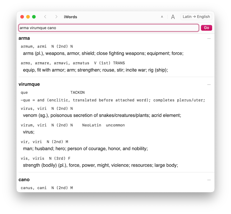 Screen shot of the iWords application window with the definitions and parse results for the words "lingua latina".